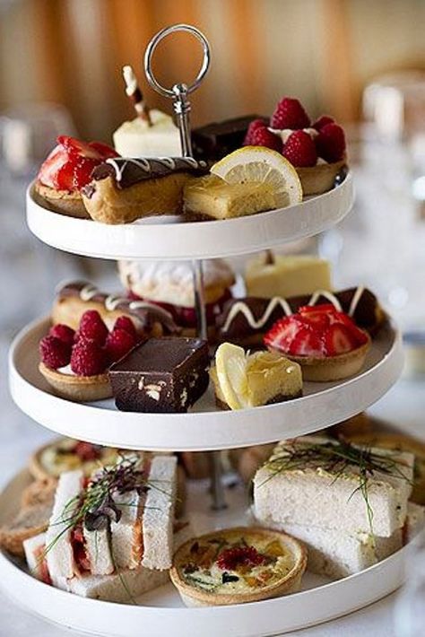 Wedding Trend:  Wedding Mini Desserts #weddings #hmp #weddingfoods #weddingideas #dresserts Afternoon Tea Wedding Reception, Afternoon Tea Wedding, Wedding Food Drink, Afternoon Tea Recipes, Types Of Desserts, High Tea Party, Reception Food, Tea Party Food, Afternoon Tea Parties