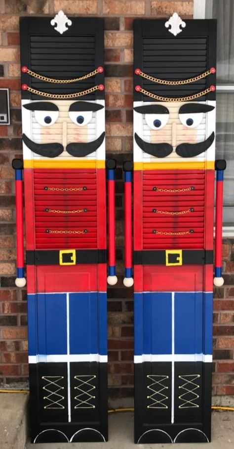 These amazing nutcrackers were made out of window shutters!! Jayne Curtis shared these and I am in love!! These would look amazing on each side of the front door for Christmas time. Jayne said they stand nearly 80 inches tall. Christmas Porch Decor, Christmas Yard, Window Shutters, Christmas Porch, Nutcracker Christmas, Christmas Wood, Christmas Deco, Xmas Crafts, Outdoor Christmas Decorations