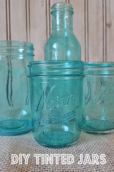 Tinting Mason Jars Diy, Tinting Glass, Glass Jars Diy, Tinted Mason Jars, Crafts With Glass Jars, Painting Glass Jars, Blue Mason Jars, Glass Bottle Diy, Diy Dollar Tree Decor