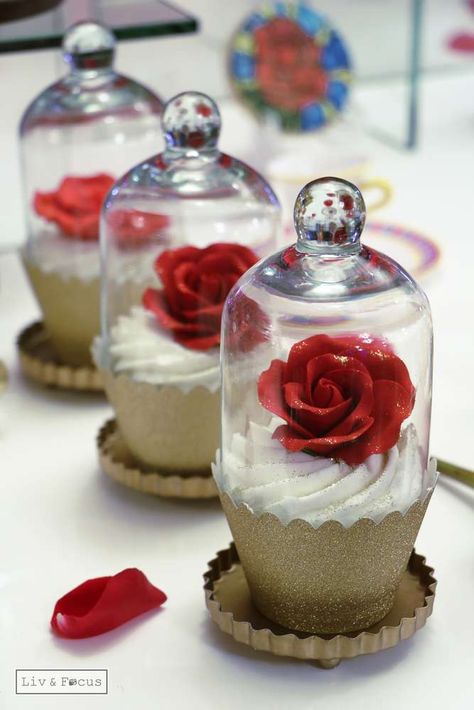 Red rose cupcakes at a Beauty and the Beast Quinceañera birthday party! See more party ideas at CatchMyParty.com! Rose Cupcake, Beauty And Beast Wedding, Beauty And The Beast Theme, Beauty And The Beast Party, Belle Beauty And The Beast, Rose Cupcakes, Sweet 15, Sweet 16 Parties, Cupcake Cake