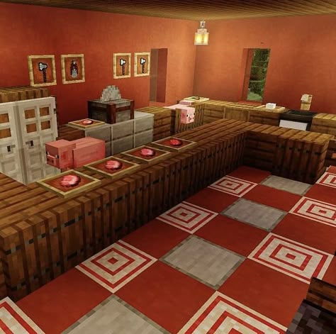 Cafe Interior Design Minecraft, Minecraft Shop Interior Design, Minecraft Shop Ideas Interior, Minecraft Food Court, Minecraft Butcher Shop Interior, Minecraft Grocery Store Interior, Minecraft Pizza Shop, Minecraft Bakery Interior, Minecraft Shop Interior