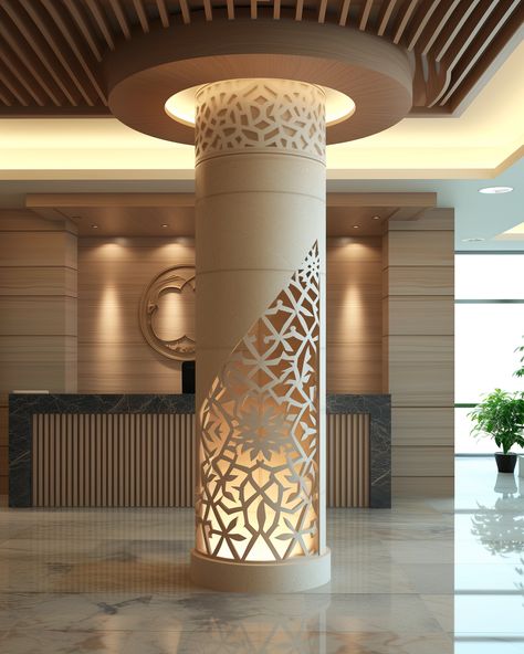 a geometric decorative round column with arabic islamic elements in a company reception --v 6 Islamic Reception Design, Islamic Column Design, Round Column Design Interior, Circular Column Design, Modern Columns Interior, Round Pillar Design Interior, Islamic Columns, Column Design Interior Modern, Round Column Design