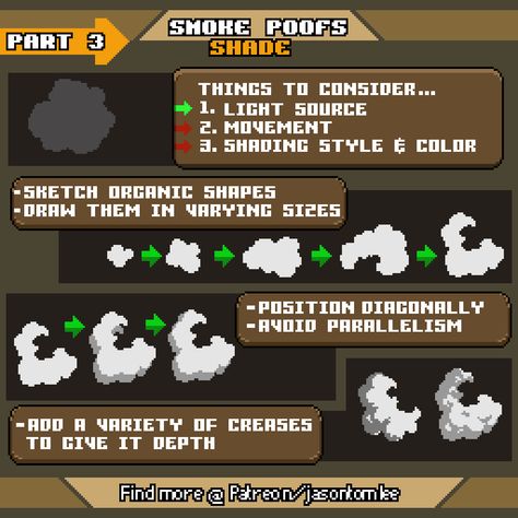 A pixel art animation tutorial on shading smoke clouds. Pixel Art Step By Step, Pixel Art Tutorial Step By Step, Pixel Art Shading Tutorial, Pixel Tutorial, Pixel Art Animation Tutorial, Pixel Art Animation, Piskel Art, Pixel Art Background, Pixel Animation