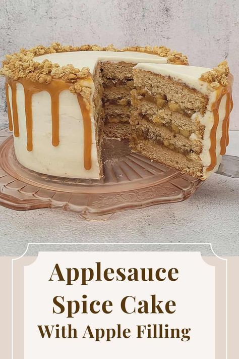 This Applesauce Spice Cake is packed with warm, aromatic spices, filled with a thick apple filling and finished with a cinnamon cream cheese frosting and caramel drizzle. #fallcakes #falldesserts via @https://www.pinterest.com/DessertsWithStephanie/ Applesauce Cake With Cinnamon Frosting, Applesauce Cake With Cinnamon Cream Cheese Frosting, Applesauce Spice Cake, Apple Cinnamon Cake, Cream Cheese Frosting Cake, Apple Spice Cake, Cinnamon Cream Cheese, Caramel Drizzle, Applesauce Cake