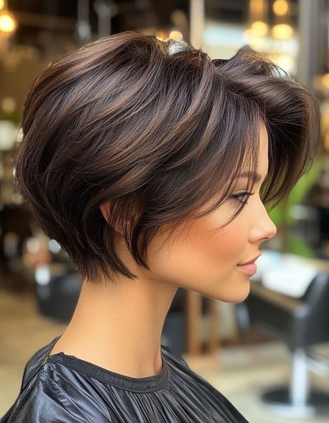 43 Bixie Haircuts For a Chic & Modern Look : Dark Brown Sleek Layered Texture Messy Pixie Hairstyles, Short Hair Pixie Bob, Dark Brown Hair With Low Lights, Tapered Layers, Bob Haircut Back View, Sleek Pixie, Bixie Haircut, Brown Pixie, Sleek Short Hair