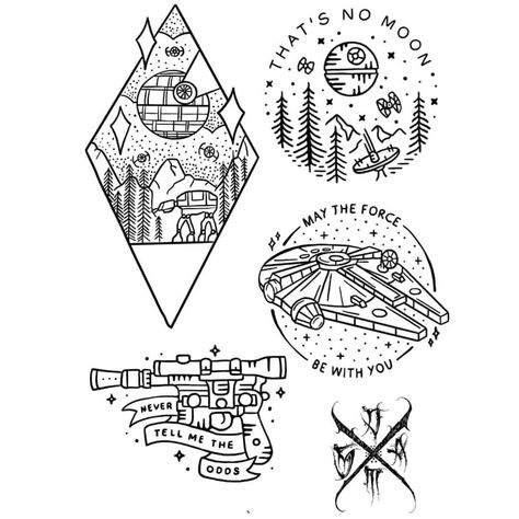 Star Wars Tattoo Designs Drawings, Star Wars Patchwork Tattoo, Star Wars Line Art, Star Wars Tattoo Design, Star Wars Doodles, R2d2 Tattoo, Star Wars Embroidery, Nerd Tattoos, Disney Vinyl