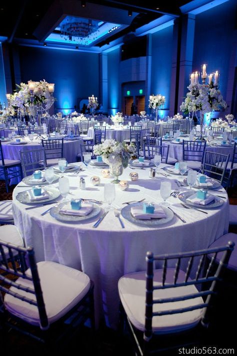 41 Brilliant Blue and White Winter Wedding Ideas Blue Floating Candles, Ice Blue Weddings, Silver Winter Wedding, Candles Reception, Purple Reception, Blue Wedding Decorations, Blue And White Wedding, White Winter Wedding, Wedding Themes Winter