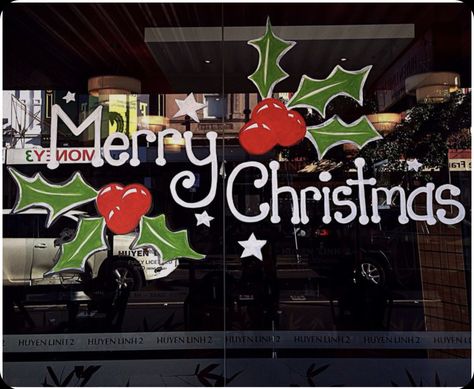 Merry Christmas Window Art, Xmas Windows, Diy Christmas Window, Painted Window Art, Window Paint, Window Paintings, Window Mural, Christmas Window Painting, Christmas Window Display