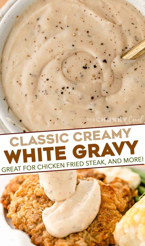 This classic White Gravy is ultra creamy, and speckled with plenty of black pepper. Perfect on chicken fried steak, fried chicken, mashed potatoes, biscuits and more! Easy to make with only 7 ingredients (including salt and pepper!). #gravy #whitegravy #peppergravy Gravy Steak Recipes, Pepper Gravy Recipe White, White Gravy Recipe Easy, Peppered Gravy, Gravy Recipe Easy, Chicken Fried Steak Gravy, Homemade White Gravy, White Pepper Gravy, Country Gravy Recipe