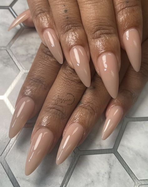 Tapered Almond Acrylic Nails, Natural Stilletos Nails, Pointed Almond Acrylic Nails, Long Almond Nails Designs Fall, Ethereal Nail Design, Beige Fall Nails, Taupe Almond Nails, Almond Vs Stiletto Nails, Nude Tan Nails