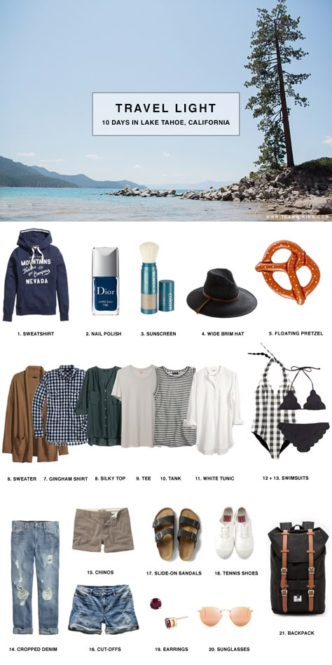 Lake Tahoe Summer, Chique Outfit, Travel Capsule, Summer Vacation Outfits, Mode Boho, Camping Outfits, Travel Wardrobe, Packing Light, Travel Light