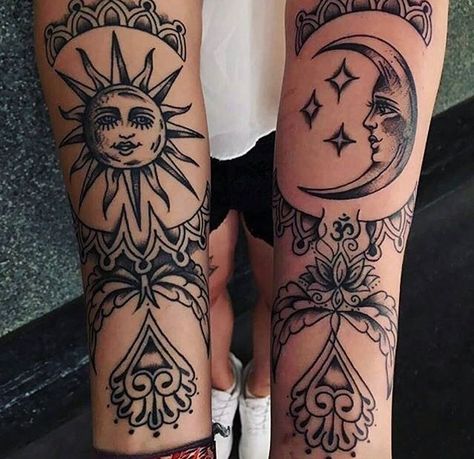 Sun Moon Calf Tattoo, Womens Knee Cap Tattoo, Traditional Style Sun And Moon Tattoo, Hippie Leg Tattoo, Matching Calf Tattoos, Traditional Virgo Tattoo, Matching Shin Tattoos, Traditional Sun And Moon Tattoo, Traditional Foot Tattoo