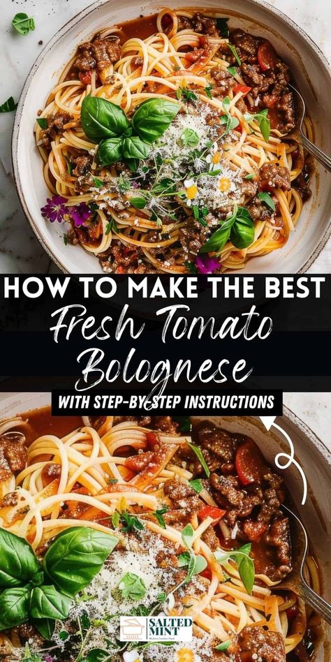 Summer pasta recipes made easy with this summer bolognese. Fresh tomato pasta perfect for family dinners. Bolognese With Fresh Tomatoes, Summer Bolognese, Fresh Basil Recipes, Summer Pasta Recipes, Fresh Tomato Pasta, Beef Pasta Recipes, Tomato Pasta Recipe, Fresh Tomato Recipes, Tomato Basil Pasta