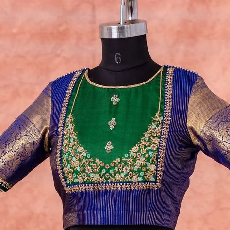 Green Blouse Embroidery Designs, Embroidered Blouses, Blouse Necklines, Blouse Designs Catalogue, New Saree Blouse Designs, Traditional Blouse Designs, Maggam Works, Fashionable Saree Blouse Designs, Cutwork Blouse Designs