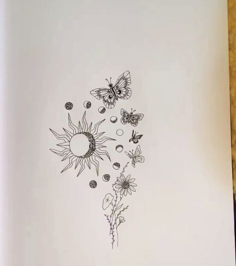 Unique Tattoo Ideas Sketches, Sun Moon Butterfly Tattoo, Space Butterfly Tattoo, Lunar Tattoo Ideas, Mystic Tatoos, Tattoo Sketches Unique Drawings, Unique Butterfly Tattoo Creative, Girly Tattoos Unique, Unique Moon Tattoo Ideas