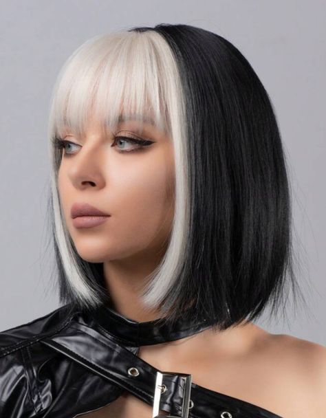 Short Black Hair With White Tips, Black Bob With Blonde Streaks, Short Dark Hair With Blonde Underneath, Black Hair Blonde Fringe, Blonde Hair Black Bangs, Black And White Hair With Bangs, Front Haircut Styles, Blonde And Black Short Hair, Grunge Bangs Hairstyles