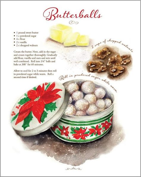 Happier Than A Pig In Mud: Butterballs -Old Fashioned Walnut Christmas Cookies Recipe Artwork, Butterball Cookies, Ball Cookies, Recipe Art, Sweet Butter, Food Artwork, Culinary Art, Sugar Cookie Recipe, Custom Recipe