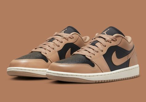 Air Jordan 1 Low (W) "Tan Black" now available online Air Jordan 1 Low Women, Nike Jordan 1 Low, New Sneaker Releases, Wmns Air Jordan 1, Jordan Low, Nike Air Jordan Shoes, Womens Air Jordans, Brown Sneakers, Air Jordan 1 Low