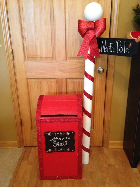 North Pole Yard Display, North Pole Mailbox Diy, Santa Mailbox Decor, Santa's Mailbox Ideas, Santa Mail Box Ideas Diy, North Pole Crafts For Toddlers, Santa Letter Mailbox Diy, Christmas North Pole Decorations, North Pole Post Office Decorations