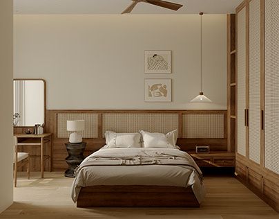 Japandi apartment #3 :: Behance Japandi Guest Bedroom Ideas, Small Wooden Bedroom, Japandi Style Bedroom Design, Japandi Theme Bedroom, Bed Back Design Simple, Gold And Wood Bedroom, Small Hotel Bedroom, Bed Japandi, Modern Japandi Bedroom