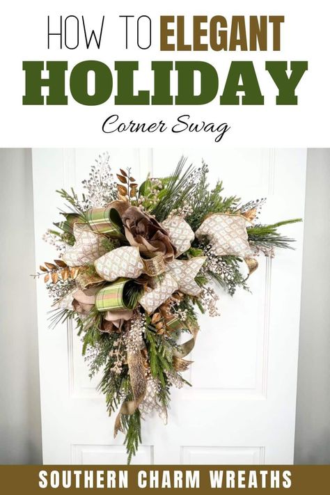 Create this elegant holiday corner swag design, complete with textured greenery, mauve magnolias, and shimmery champagne accents. Corner Swag Diy, Corner Swags For Christmas Diy, Corner Swags For Christmas, Diy Door Swag, Diy Swag Wreath, Wreath Making Business, Diy Swag, Wreath Inspiration, Swag Design