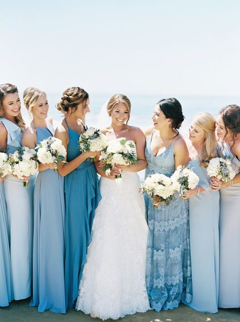 Light Blue Bridesmaid Dresses Beach, Bridesmaid Dresses For Beach Wedding Color Palettes, Mediterranean Wedding Theme Bridesmaid Dresses, Blue Beach Wedding Theme, Ocean Blue Wedding Theme, Blue Bridesmaid Dresses Beach, Dusty Blue Beach Wedding, Mismatched Blue Bridesmaid Dresses, Blue And White Wedding Theme