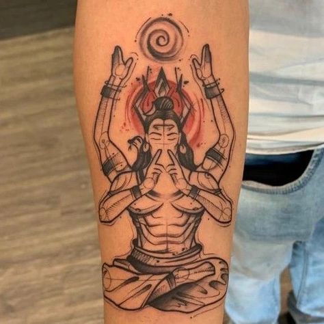 Shiva Sitting Pose, Shiva Meditation Tattoo, Meditation Tattoo, Meditative Pose, Shiva Meditation, Leg Sleeve Tattoos, Leg Tattoo Ideas, Mahadev Tattoo, Colour Tattoo