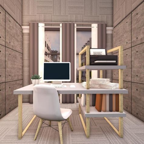 Desk Area Bloxburg, Desk Bloxburg Ideas, Desk Idea Bloxburg, 3x3 Bloxburg Office, Bloxburg Reception Ideas, Bloxburg Makeup Desk, Custom Desk Bloxburg, Dining Table Bloxburg, Desk Ideas Bloxburg