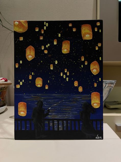 Tint Painting Ideas, Landscape Ideas For Painting, Cool Simple Paintings On Canvas, Floating Lanterns Painting, Floating Lantern Painting, Moody Painting Ideas, Lantern Painting Ideas, Big Drawing Ideas, Painting Night Ideas