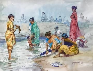 Kudalayya Hiremath – Aartique Watercolor Composition, Village Scene Drawing, Composition Painting, Human Figure Sketches, Scene Drawing, Art Village, Beautiful Art Paintings, Female Art Painting, Figure Sketching