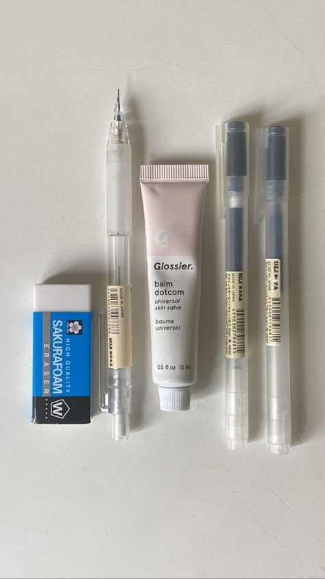 Glossier Balm, Glossier Balm Dotcom, Studying Stationary, Pretty School Supplies, Cute Stationary School Supplies, School Bag Essentials, Cute School Stationary, Study Stationery, Balm Dotcom