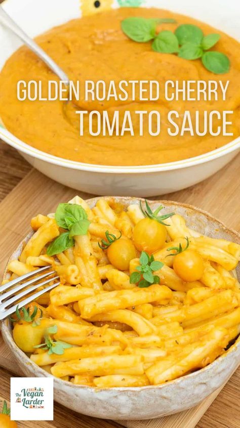 Roasted Yellow Cherry Tomato Sauce – The Vegan Larder Yellow Tomatoes Salsa, Yellow Cherry Tomato Sauce, Golden Tomato Sauce, Yellow Cherry Tomatoes Recipes, Yellow Pear Tomato Recipes, Yellow Cherry Tomato Recipes, Yellow Tomato Sauce, Yellow Cherry Tomatoes, Cherry Tomato Pasta Sauce