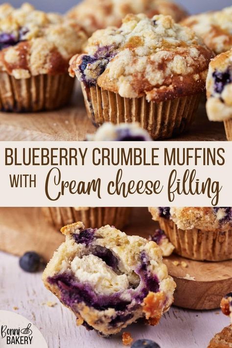 These cheesecake stuffed blueberry crumble muffins are a real treat! Great for breakfast or as a snack, the muffins have a crunchy top of streusel topping and are filled with a sweet cream cheese filling. Easy recipe which you can bake by hand without any equipment, no stand mixer required. You can use fresh or frozen blueberries. #muffins #blueberries #blueberrymuffins #crumbletop #foodphotography #bakingblog #easyrecipe #foodblog #muffinideas #easyrecipe #blueberryrecipes #springrecipe Crumble For Blueberry Muffins, Blueberry Muffin With Cream Cheese Filling, Lemon Blueberry Cheesecake Muffins, Blueberry Crunch Muffins, Desserts With Strawberries And Blueberries, Blueberry Cheesecake Crumble Muffins, Cheesecake Stuffed Muffins, Blueberry Cobbler Muffins, Blueberry Cheesecake Muffins Recipes