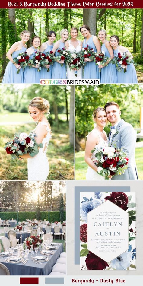 Maroon And Dusty Blue Wedding, Light Blue And Burgundy Wedding, Blue And Maroon Wedding, Dusty Blue Burgundy Wedding, Burgundy And Dusty Blue Wedding, Color Combos 2023, Dusty Blue And Burgundy Wedding, Burgundy And Blue Wedding, Light Blue Suits