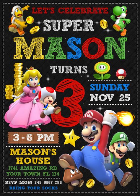 Mario Bros Birthday Invite | Wonderful Invitation Mario And Luigi Birthday Invitations, 4th Birthday Party For Boys Mario, Super Mario 2nd Birthday Party, Mario 1st Birthday Party, Super Mario Invitations Free Template, Super Mario First Birthday Party, Mario 3rd Birthday Party, Mario 4th Birthday Party, Little Boy Birthday Party Ideas