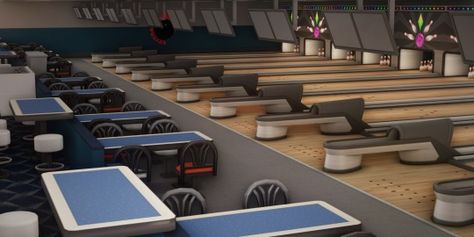 (4) Folkling Save File WIP - Bowling Alley I still have to clutter up the walls and finish the little restaurant/snack bar, but this... – @folkling on Tumblr Sims 4 Bowling Alley, Maxis Match Cc Sims 4, Blender Scenes, Furniture Cc, Sims 4 Clutter, Cc Mods, Sims Ideas, Save File, Bowling Alley