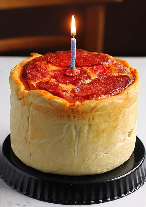 Pizza Cake Recipe - it's for reasons such as this I will never be skinny again - and that's just fine... Pizza Birthday Cake, Pizza Cake, Birthday Cake Recipe, Baking Tins, A Pizza, Marinara, Cake Recipe, Lasagna, Cupcake Cakes