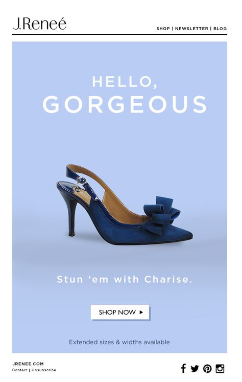 Stun 'em with Charise in blue suede. #footwear #suede #style #fashion #booties #evening #heel #lovejrenee #email #design Shoe Logo Design, Shoe Advertising, J Renee Shoes, Bold Shoes, Email Template Design, Shoes Ads, Suede Style, Desain Editorial, Email Marketing Template