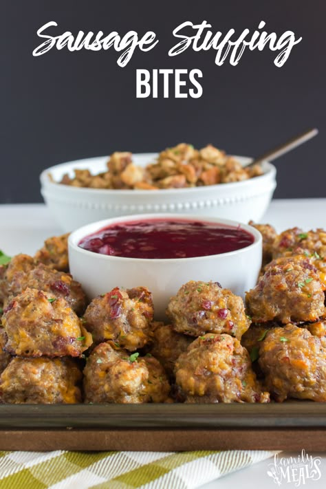 Sausage Stuffing Bites with Cranberry Dipping Sauce Sausage Stuffing Bites, Cranberry Dipping Sauce, Stuffing Bites, Stuffing Sausage, Sausage Sauce, Thanksgiving Appetizer, Stuffing Balls, Homemade Stuffing, Veggie Sausage