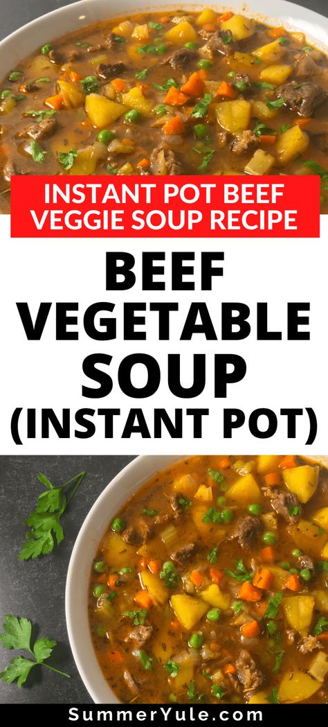 This Instant Pot beef vegetable soup is the ultimate comfort food when it’s cold outside. Using a multipurpose cooker to cook stew beef means you’ll get fall-off-the-fork tender meat with minimal cooking time. Make the most of inexpensive, tough cuts of meat by learning how to make soup with the Instant Pot. This old fashioned beef and vegetable soup in a pressure cooker is the perfect one-pot recipe! #instantpot #soup #pressurecooker #mealprep #glutenfree #dinner #beef Instant Pot Beef Stew Frozen Veggies, Beef And Vegetable Soup Instant Pot, Instapot Beef Soup, Instant Pot Vegetable Soup With Beef, Instant Pot Vegetable Beef Soup With Stew Meat, Instant Pot Beef Soup Bone Recipes, Steak Soup Instant Pot, Soup Bones Beef Recipe Instant Pot, Instant Pot Beef Soup Recipes