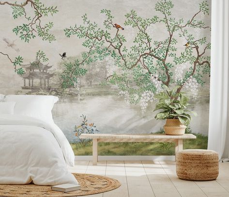 Chinesoire Wallpaper, Wall Mural Forest, Chinoiserie Garden, Wallpaper Birds, Seaside Wallpaper, Birds On Tree, Misty Lake, Tree Branch Wall, Wisteria Tree