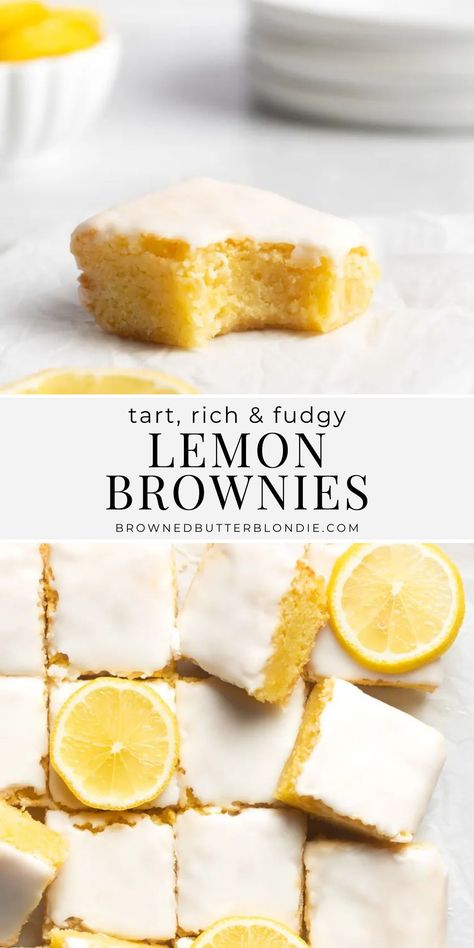 A tart and tangy twist on your favorite fudge brownie recipe, these rich and chewy lemon brownies will have you hooked from the very first bite! A fun and fresh twist on the decadent classic dessert. | Browned Butter Blondie