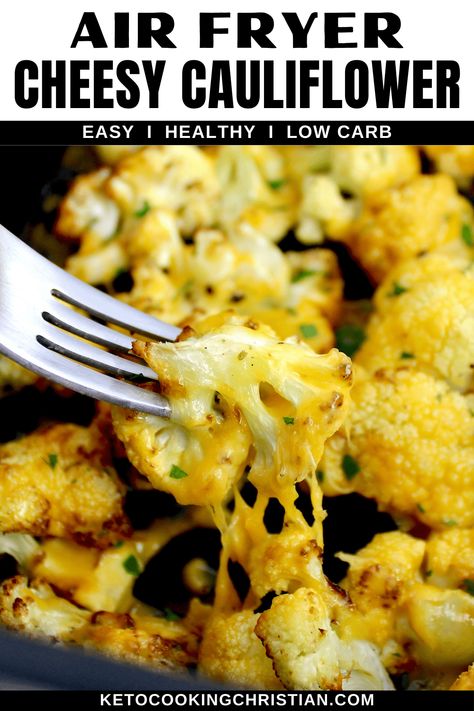 This easy Air Fryer Cheesy Cauliflower recipe features perfectly seasoned and slightly caramelized florets with a gooey melted cheddar topping. It's a healthy and delicious side that pairs perfectly with any protein. Cauliflower Noci Recipes, Cheddar Cauliflower Recipes, Airfry Cauliflower Recipes, Airfryer Cauliflower Recipes, Cauliflower Steaks Air Fryer, Cauliflower Recipes Air Fryer, Cauliflower Air Fryer Recipes, Air Fryer Cauliflower Recipes, Cauliflower Steak Recipes