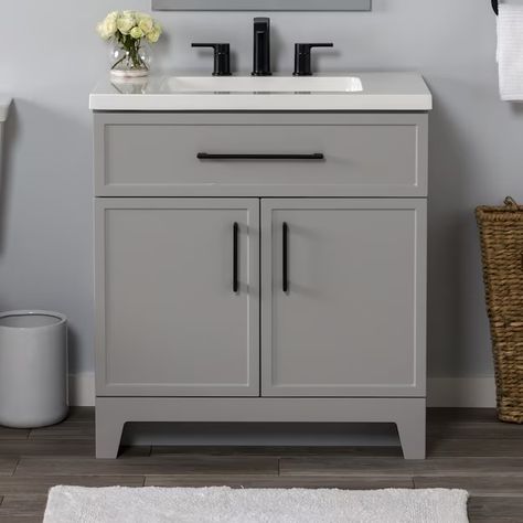 Style Selections Potter 30-in Gray Single Sink Bathroom Vanity with White Cultured Marble Top in the Bathroom Vanities with Tops department at Lowes.com Shaker Vanity, Under Sink Cabinet, Cultured Marble Vanity Top, Elegant Vanity, Grey Bathroom Vanity, Bathroom Cleaning Supplies, Gray Vanity, Bathroom Necessities, Transitional Vanity