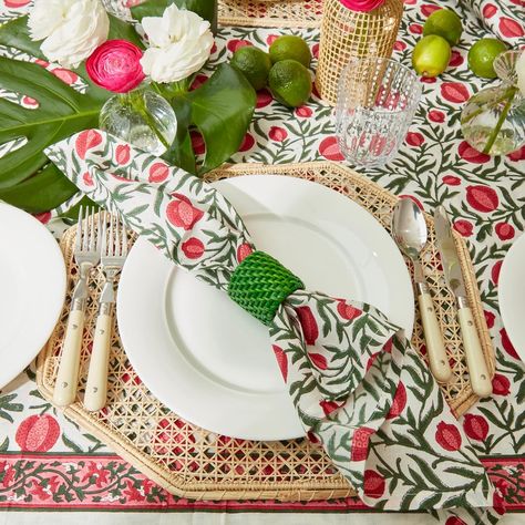 Our vibrant Pink Pomegranate Tablecloth is the perfect backdrop for your Summer Table. 🌸☁️ Hand block printed by skilled artisans we laid it here with our hand woven Hexagonal placemats. As a small company we try to support artisans from all over the globe in the hope of highlighting their incredible skills and sharing their creativity. Available now at voicollective.com #voicollective #tableware #tablescape #tables #tabletop #interiorinspiration #summertables #summerinspiration #italia... Toile Wallpaper, Summer Table, Chinoiserie Wallpaper, Summer Tables, Decorative Table Lamps, Geometric Fabric, Tabletop Accessories, Botanical Wallpaper, Damask Wallpaper