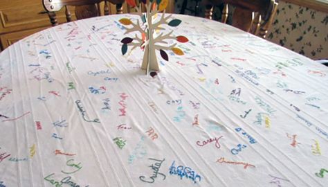 Sign (then embroider) your Thanksgiving tablecloth each year for a great keepsake and wonderful new tradition. Thanksgiving Traditions Family, Signature Tablecloth, Thanksgiving Mom, Thanksgiving Tablecloth, Diy Christmas Table, Thanksgiving Traditions, Embroidered Tablecloth, Family Thanksgiving, White Table Cloth