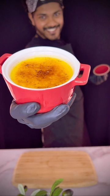 Chefdhanush on Instagram: "No Oven Crème Brûlée 🍮 No Oven: Boil water first then add covered (tinfoil) crème brûlée for 30 minutes on low heat. Oven: Oven temp - 90C Time in oven - 35min Use oven tray with some water then add crème brûlée and bake. 🍮Cream - 250gm (1 cup) 🍮Egg Yolk - 3 🍮Caster Sugar - 40gm (1/4 cup) 🍮Vanilla Essence - 1/2 tsp Butane Gas Burner needed for caramelizing sugar on top 🍮 Enjoy with your friends and family :) #noovenbaking #nooven #no #oven #bake #crèmebrûlée #crème #brûlée #custard #sugar #cream #chefD #baking #pastry #homemade #fresh #indian #newzealand #foodie #foodlover #insta #instagramreels #reels #instadaily #like #follow #share #comment" Oven Tray, Butane Gas, Caramelized Sugar, First Then, Baking Pastry, Gas Burners, Caster Sugar, Vanilla Essence, Egg Yolk