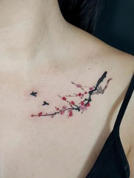 Cherry Blossom Collarbone Tattoo Collarbone Cherry Blossom Tattoo, Collar Bone Tattoo Japanese, Cherry Blossom Tattoo Collar Bone, Cherry Blossom Underboob Tattoo, Cherry Blossom Collar Bone Tattoo, Cherry Blossom Hand Tattoo, Clavical Tattoos, Cherry Blossom Samurai, Tattoo Cherry Blossoms