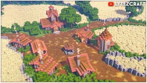 Minecraft Farm Village Ideas, Minecraft Farm Land Ideas, Farm Land Minecraft, Minecraft Wheat Farm Design, Minecraft Farming Village, Minecraft Fields, Minecraft Small Village, Wheat Farm Minecraft, Minecraft Wheat Field