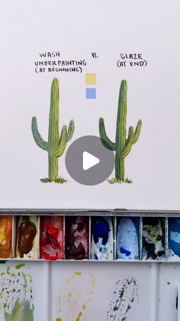 Mallery Marsh on Instagram: "Underpainting vs Glazing at the end 🌵 Learn how to Watercolor in my online, prerecorded courses, with lifetime access! Start painting today 🎨 #learnwatercolor #watercolortutorial #watercolorbeginner #watercolorpainting" Underpainting Watercolor, Glazing Watercolor, Watercolor Underpainting, Glazing Painting, Watercolour Tips, How To Watercolor, Paint Tutorial, Learn Watercolor Painting, Watercolor Beginner